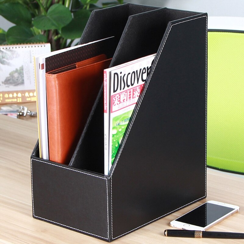 2 Slots PU Leather File Holder Magazine Rack Newspapers Organizer Cabinet Documents A4 Paper Storage Tray for Office