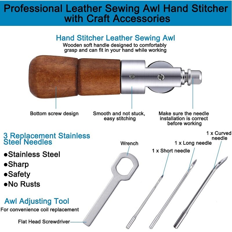 Leather Sewing Awl Hand Stitcher, Needles and Replacement Spools of Thread, Stitching Awl Tool Kit for Leather Fabric Supplies