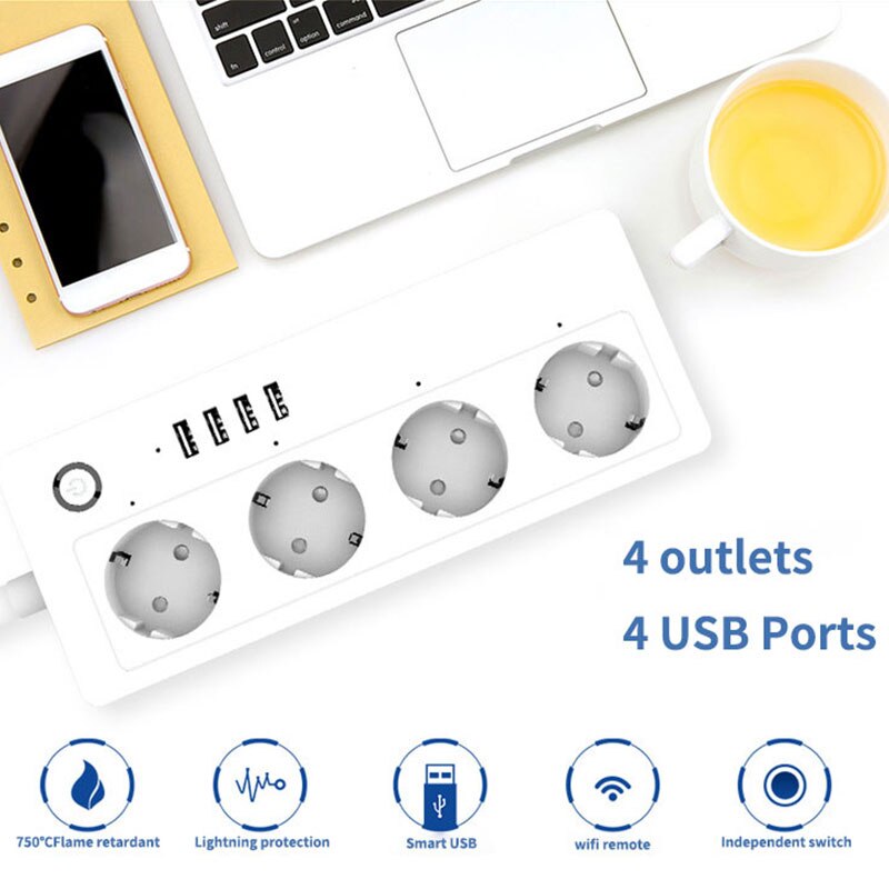 Wifi smart strømskinne intelligent stikkontakt 4 ac uttak 4 usb-ladeporter stemmefjernkontroll alexa ekko google assistent 16a