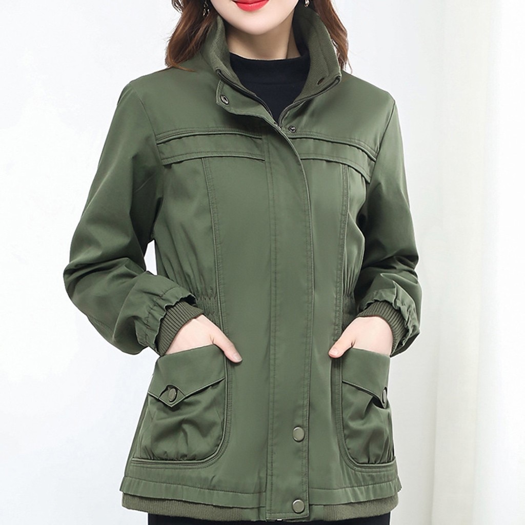 Solid Green Women Long Sleeve Jacket Windbreaker Parka Pockets Cardigan Coat Autumn Outwear Women Clothes#G30