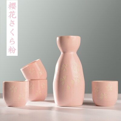Set van 5 keramische sake potten, kannen, sterke drank, sterke drank, japanse bar, wijnset met bloementekstpatroon: I