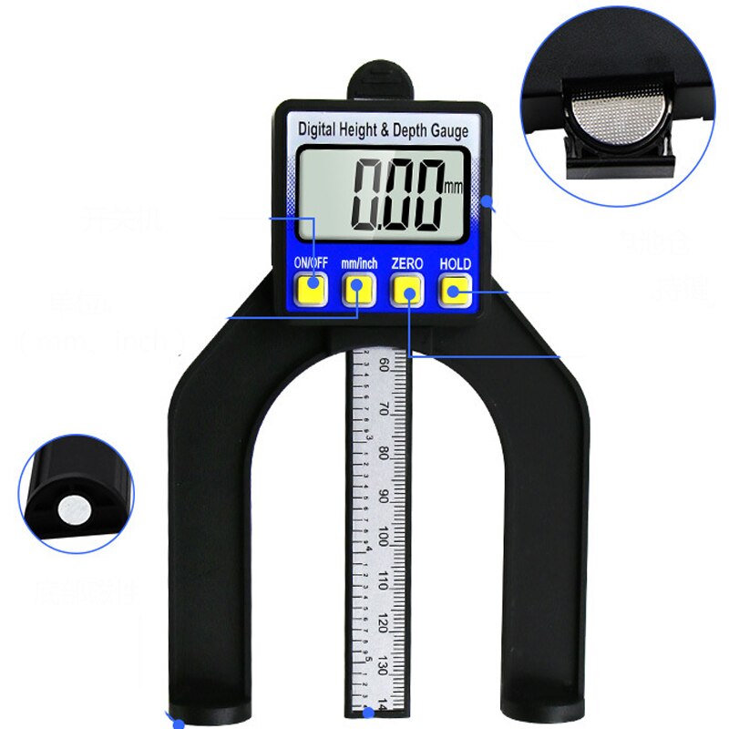 Digital Depth Gauge Caliper Digital Tread Depth Gauge Tester Measure Tool LCD Magnetic Self Standing Aperture 80mm Hand Routers