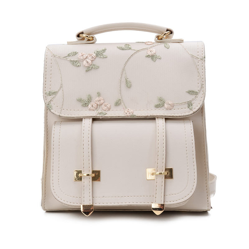 MoneRffi sac à dos scolaire adolescentes de en cuir femmes sac à bandoulière sac à dos broderie florale sac à dos: beige