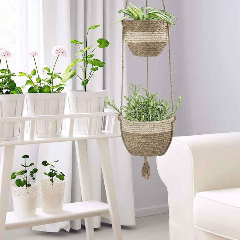 Hängande planteringskorg inomhus utomhus, hängande blomkruka, naturliga sjögräs blomkrukor, beige