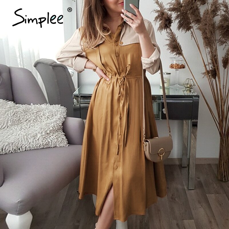 Simplee Vrouwen Elegante Kaki Mid Taille Lange Mouwen Jurk Herfst Winter Lange Vrouwelijke Veelzijdige Effen Kleur Satijnen Jurk: M