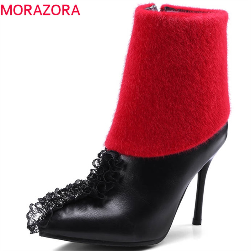 Morazora stil pu tunna höga klackar skor kvinna spetsad tå höst vinter ankelboots för kvinnor bröllopsskor