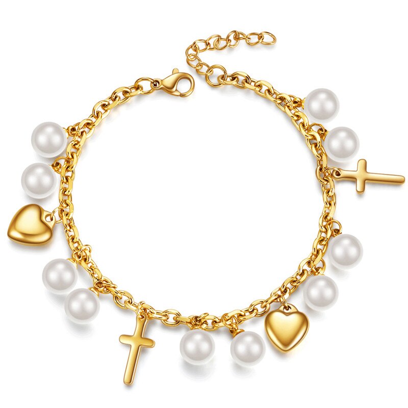 Modyle Black Silver Color Stainless Steel Heart Cross Wedding Bracelet for Woman Round Simulated Pearl Jewelry: 83723