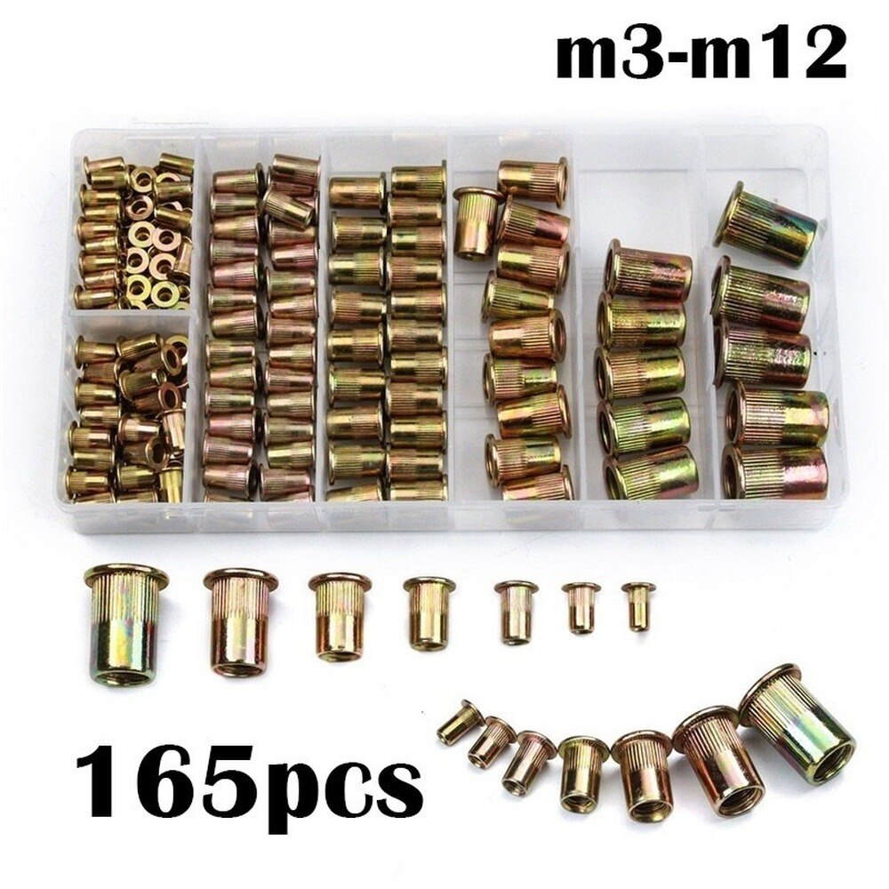 Tuercas de remache de cabeza plana de acero al carbono, tornillos de Nutsert M3, M4, M5, M6, M8, M10, M12, piezas de Hardware de varios tamaños, 165 Uds.