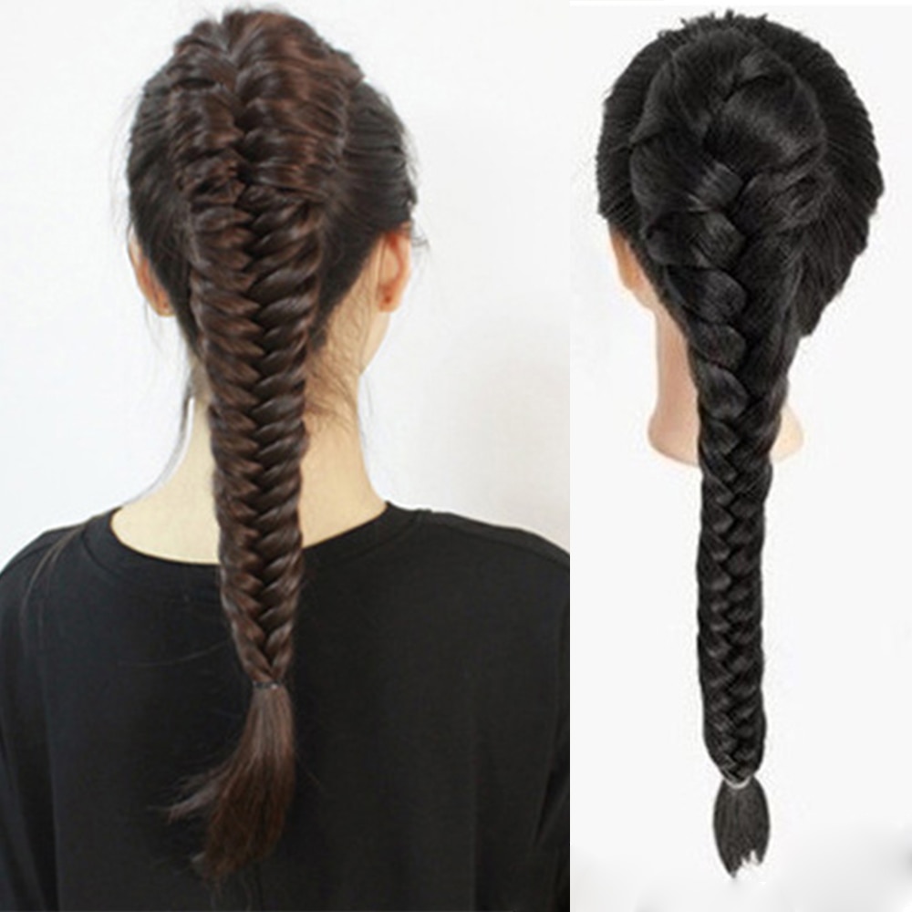 XUANGUANG Braided Plait Fishtail Fishbone Drawstring Synthetic Ponytail For White Female Hairpiece Black, Brown