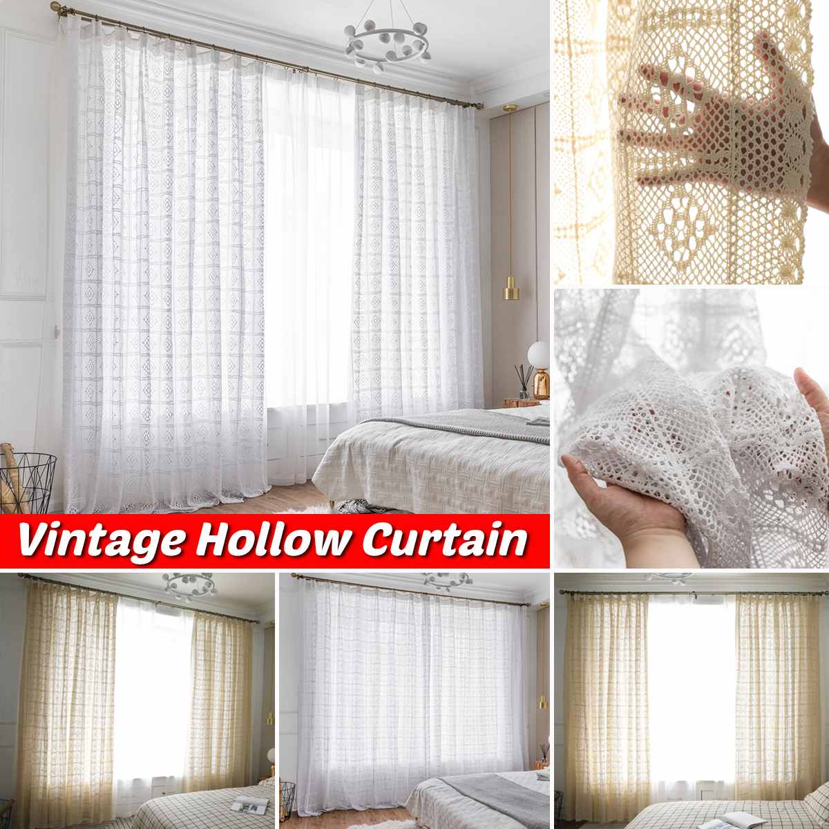 Moderne ajouré dentelle rideaux pour salon Beige/blanc tricot évider fenêtre rideaux pour balcon peut être nappe