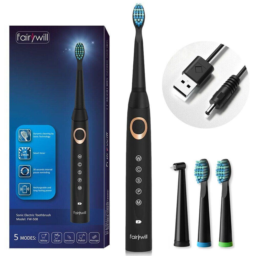 Fairywill brosse à dents sonique électrique étanche 5 Modes têtes de brosse de remplacement minuterie intelligente FW508 brosse à dents adulte Rechargeable: FW-ET508Black-5M