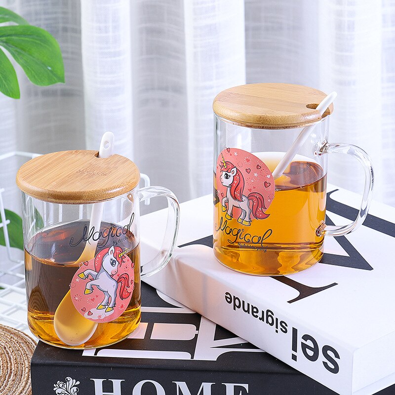 Vaso bonito de unicornio de dibujos animados de 500ML con tapa y cuchara y Asa taza creativa de cristal de leche transparente taza de té taza de desayuno