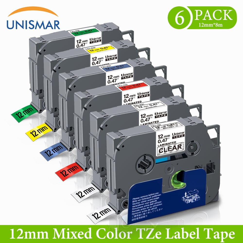 Unismar 6PCS for TZe131 TZe-231 TZe-431 TZe-531 TZe-631 TZe-731 Laminated Labeling Tape for Brother P-Touch PTD210 PTH100 PTD600: 6PK Mixed Color 1