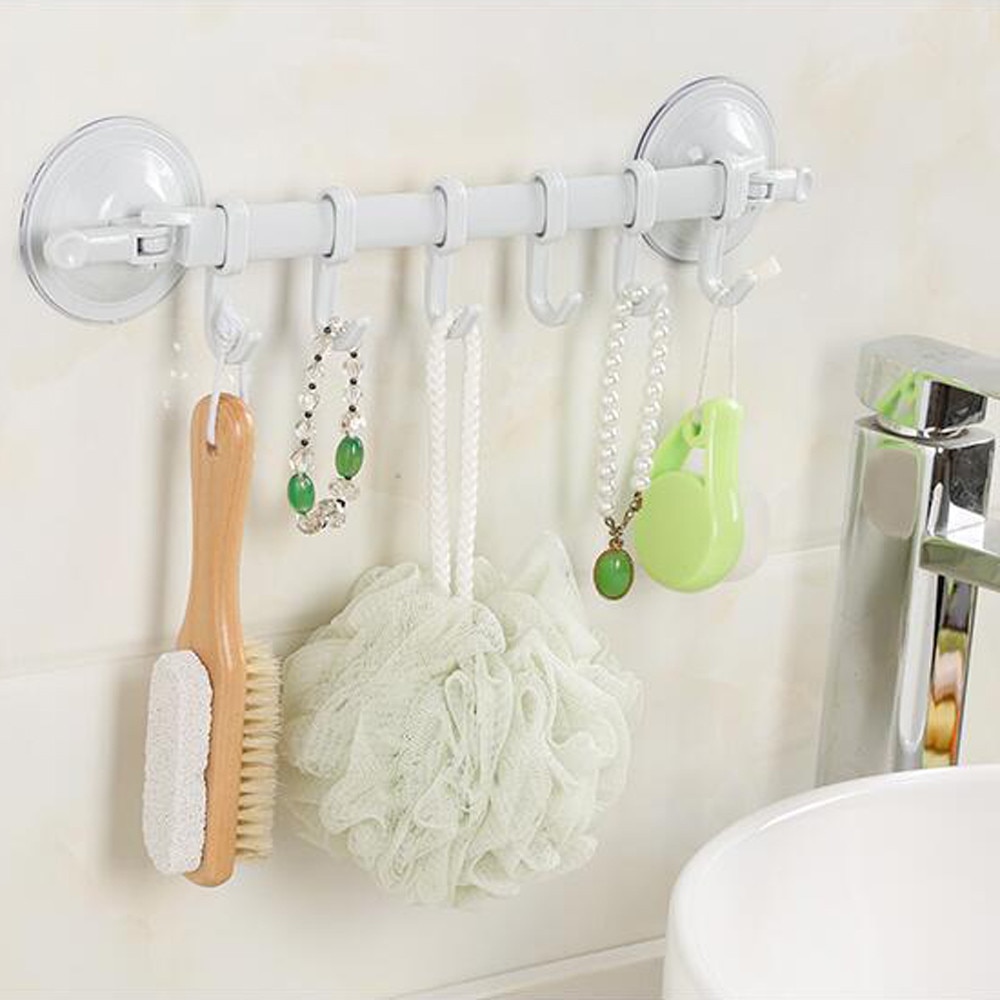 Wall Vacuum Rack Suction Cup 6 Hooks Towel Bathroom Kitchen Holder Sucker Hanger 34.5*7.1cm For home Kitchen Bathroom Hanger