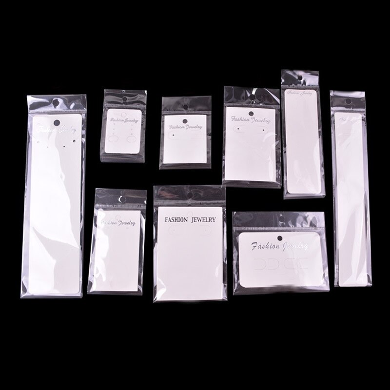 YYW 100pcs White Rectangle Paper OPP Bag Price Display Jewelry Brooch Pendant Necklace Bracelet Rings Hair Display Cards