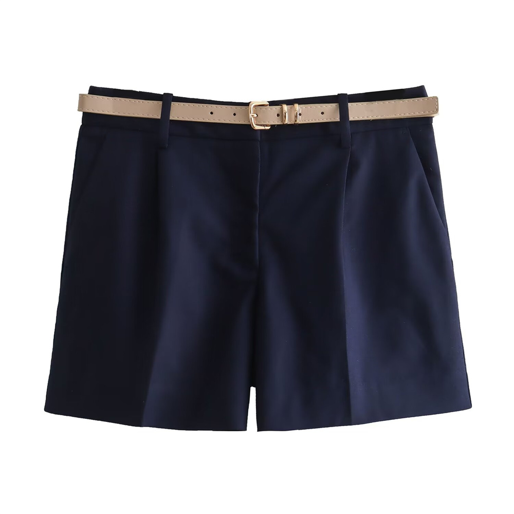 Zach Ailsa Summer Product Women's Versatile High Waist with Belt Casual Solid Color Shorts: M / DEEP BLUE