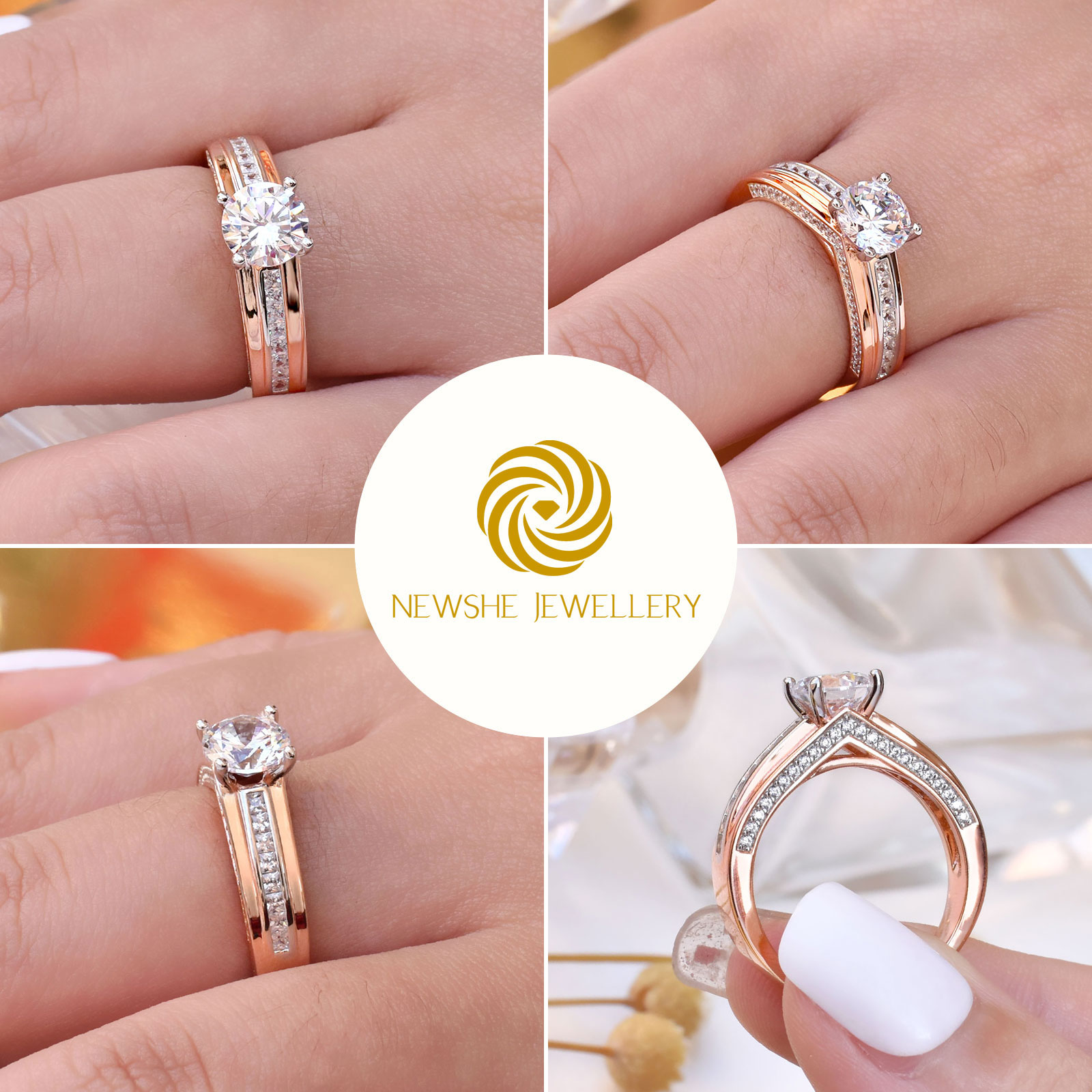 Newshe Rose Goud Wit Kleur Wedding Engagement Rings Voor Vrouwen 100% 925 Sterling Zilver Ronde Cut Aaaaa Cz Prachtige Sieraden