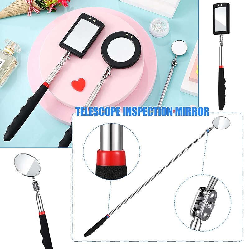 4 Pcs Telescoping Inspection Mirror LED Lighted Flexible Inspection Mirror Round Mirror Square Mirror Inspection Tool