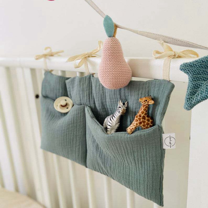 Sac de rangement multifonctionnel pour berceau, sac suspendu en tissu de gaze de coton, sac à roulettes en treillis, bouteille Moar, poche de rangement de jouets pour berceau