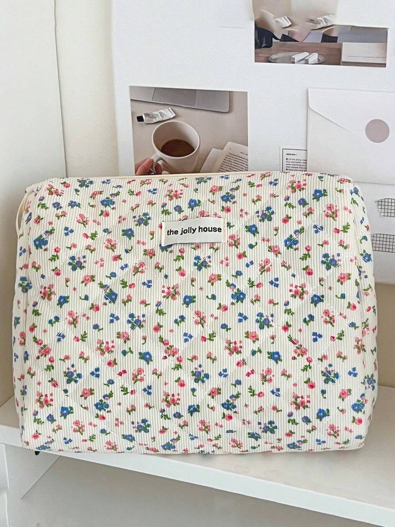 Lovely Floral Stitching Corduroy Cosmetic Bag For Storing Skin Care ltems Lipsticks Accessories Travel Necessity Birthday