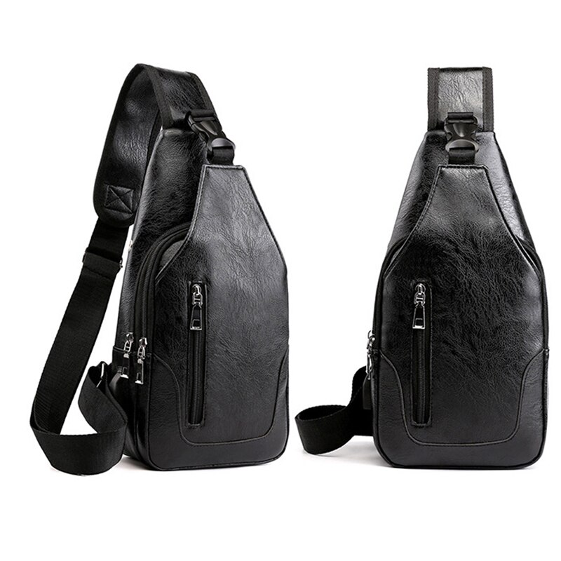 Waterproof PU Leather Chest Bag - USB Charging Port & Headphone Hole - Portable Travel Crossbody: Black