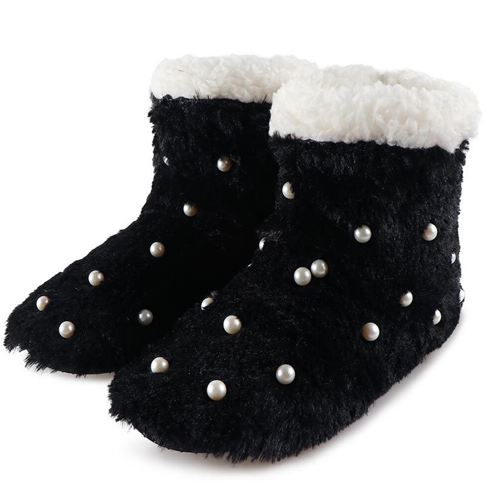 Nyaste kvinnor dam tofflor stövlar plysch mjuk varma fleece golvstrumpor tossor pärla golv skor