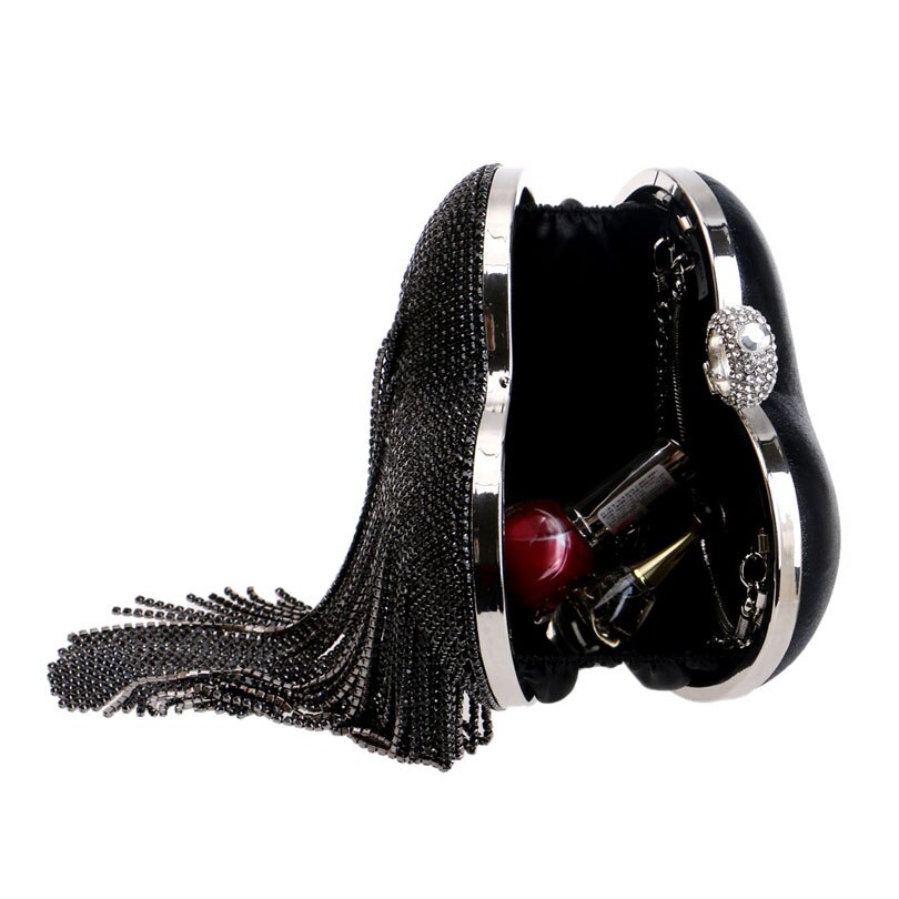 LIXUN Evening Bag - Minaudiere Shape - Diamond Tassel Ring Clutch - Chain Shoulder Party Handbag