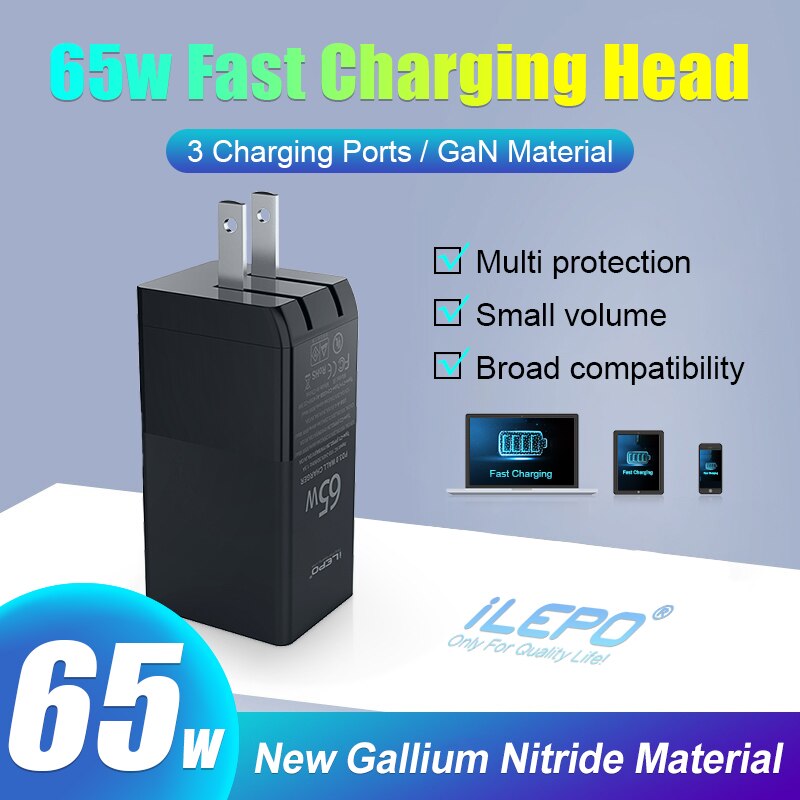 65w -gang-schnellladegerät,  pd3.0 -fach usb-typ-c-ladegerät, tragbares schnellladegerät für laptops, macbook pro, iphone und samsung
