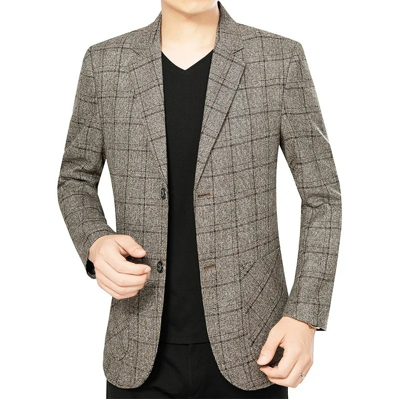 Herren Anzugjacke Vintage Kariert Umlegekragen Einreihig Männliche Oberbekleidung Business Casual Langarm mit Taschen Herren Blazer