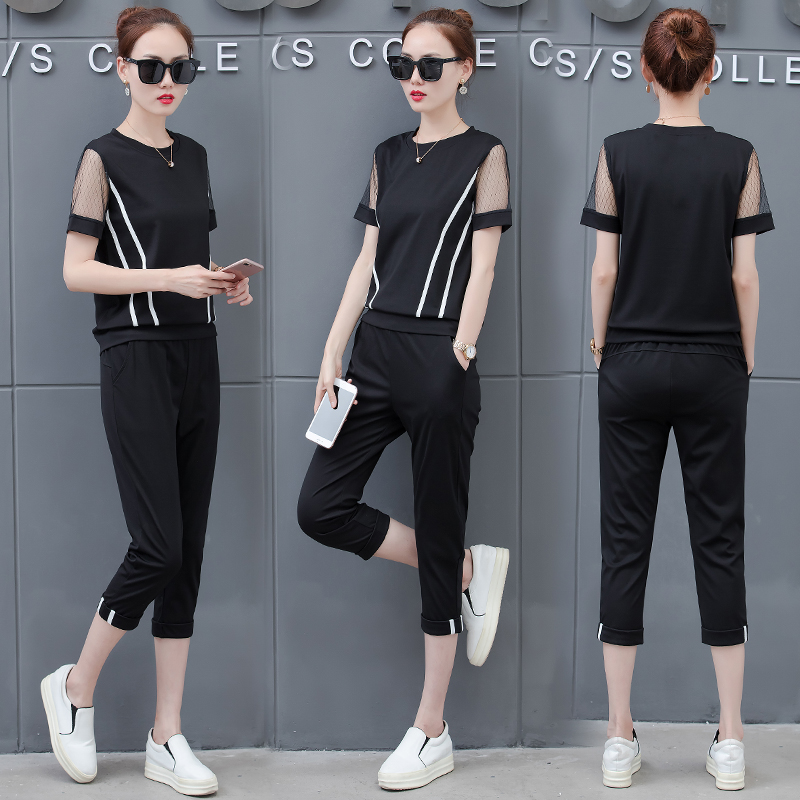 Set Korean loose sweatshirt & capris big yards leisure summer two-piece clothing set women outfit white black