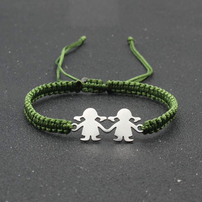 Stal nierdzewna śliczne Twin Little Girl Charm bransoletka czarna lina pleciona regulowane bransoletki dla kobiet biżuteria Mujer Pulsera: ArmyGreen