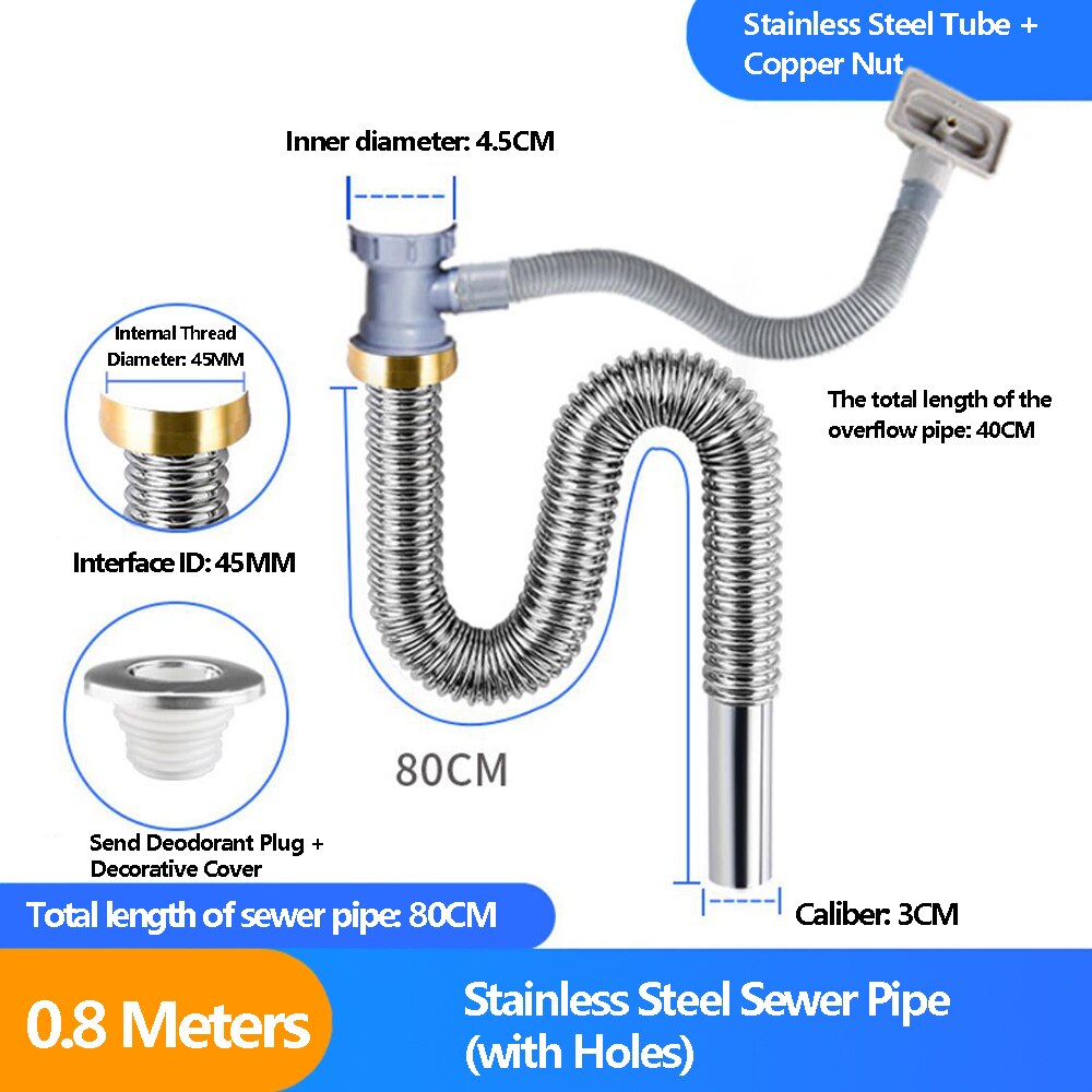 0.6M/0.8M/1M/1.3M Gootsteen Afvoer Slang Gootsteen Fittingen Afdruiprek Afvoer slang Rvs Vaatwasser Zwembad Enkele Tank: 0.8M-with Holes