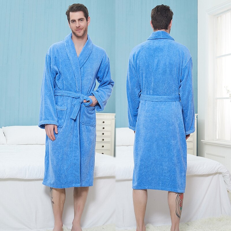 Vinter mænd badekåbe 100%  bomuld efterår tykt varmt håndklæde fleece bomuld morgenkåbe lang badekåbe hotel spa blød kimono kåbe