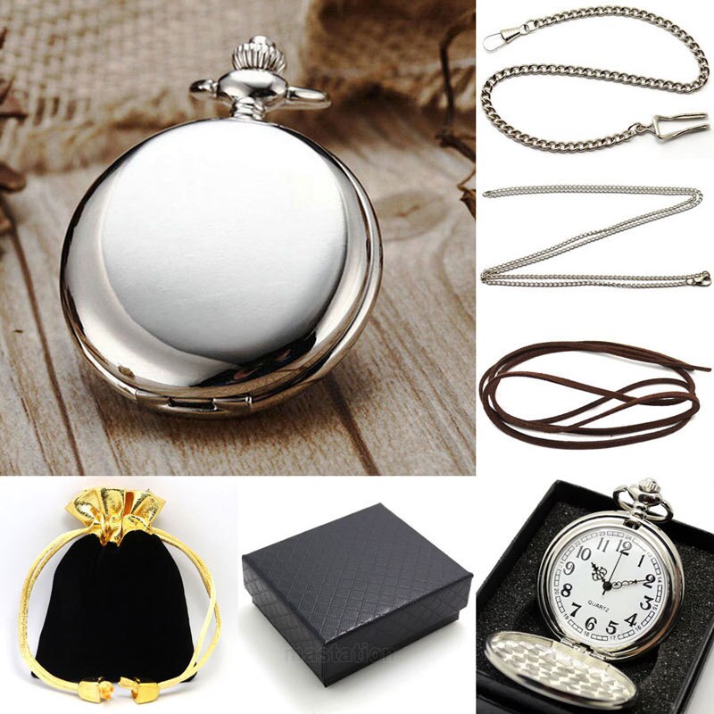 Zwart Glad Brons Steampunk Zakhorloge voor Mannen met pocket collier ketting met lederen band wish bag doos