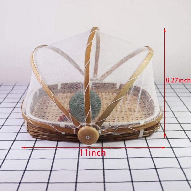 Hand-Woven Food Basket, Bamboo Food Tent Basket, Food Tent Basket with Net Gauze Cover,Outdoor Bread Basket