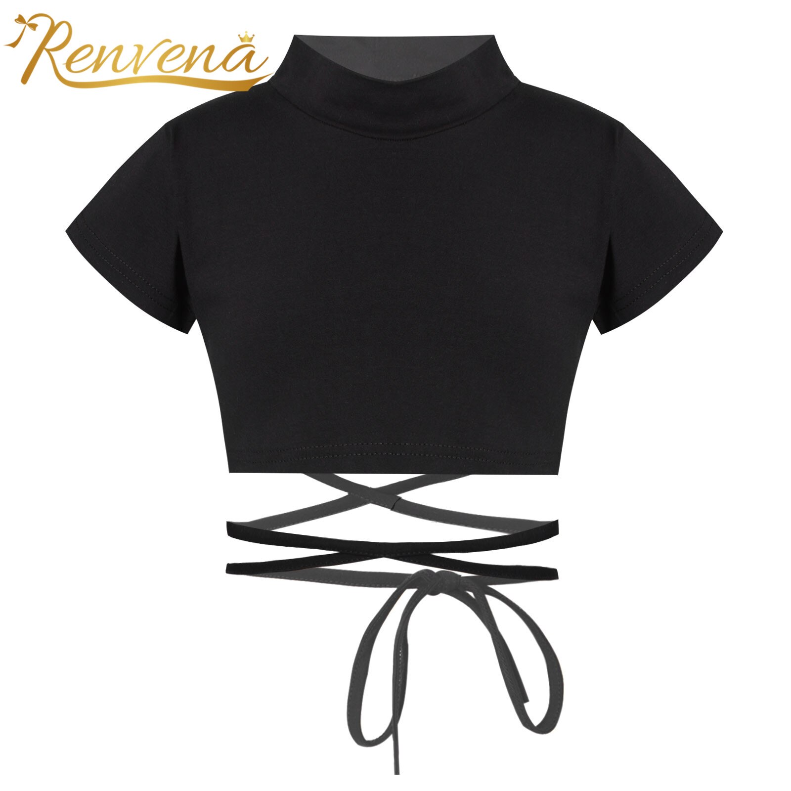 Kids Girls Cotton Round Neck Tank Tops Short Sleeve Sport Crop Top Sash Tie Cross Waist Jazz Dance Hip Hop Performance Costume