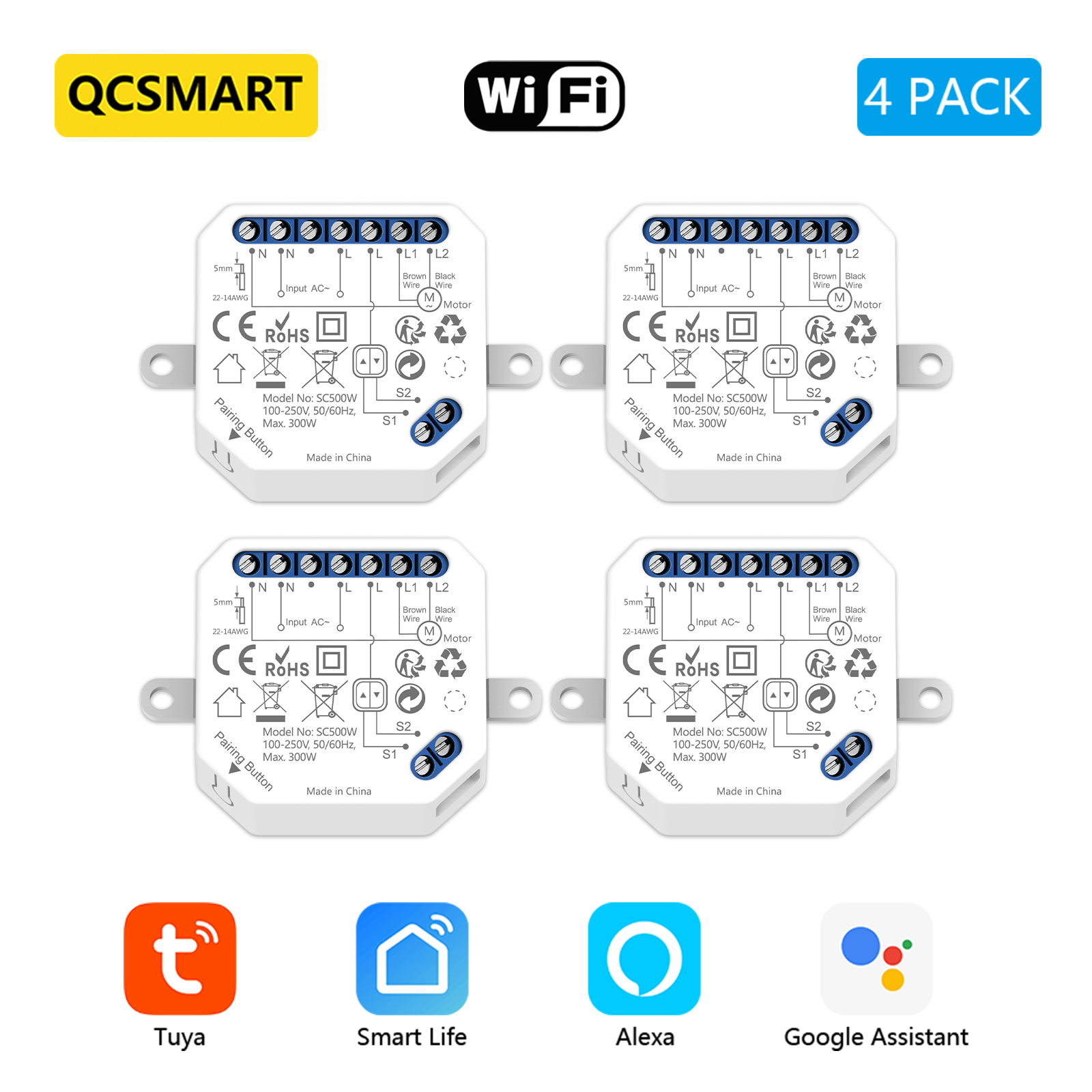QCSMART Modulo interruttore tenda WiFi per motori persiane Controllo percentuale Tuya Voce di Google Alexa Funziona con spedizione veloce: Bundle4