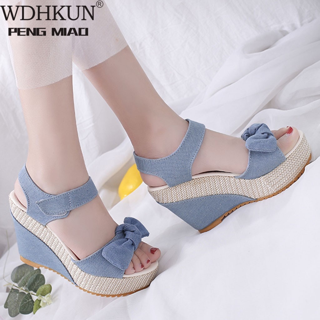 Denim sandaler kvinder sandaler kiler høje hæle peep-toe platform sko kvinde tyk bund sandaler