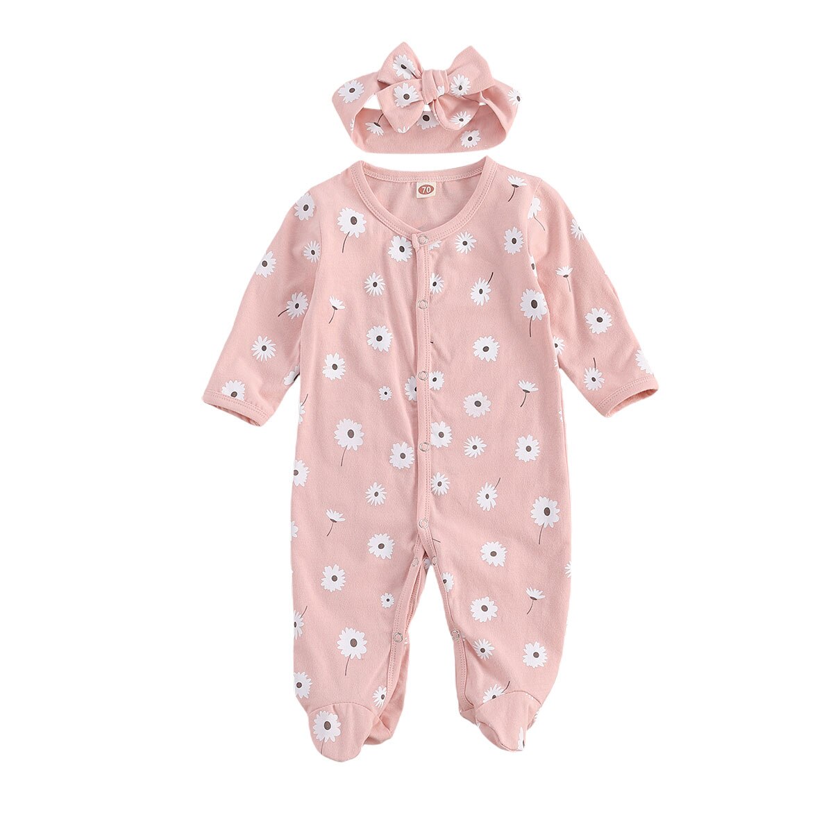 0-12M Pasgeboren Baby Baby Meisjes Jongens Katoen Voet Cover Footies Bloem Apple Lange Mouwen Jumpsuit Lente Herfst speelpakje Hoofdband: Roze / 12m