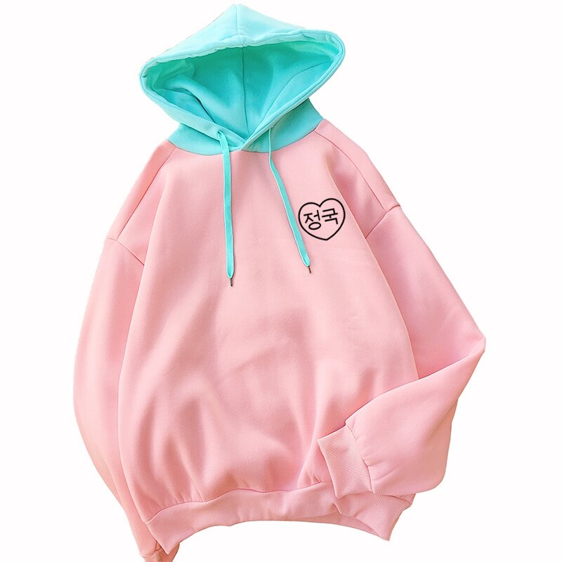 Sudaderas con capucha Harajuku coreanas con letras estampadas en corazón para mujer, Otoño Invierno, sudaderas de colores contrastantes, ropa de calle de para mujer Vs rosa