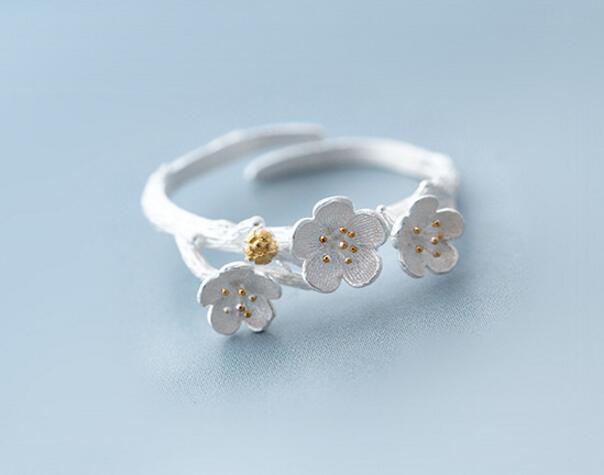 Zilver Kleur Handgemaakte Blossom Plum Flower Opening Ringen Voor Vrouwen Anillos Mujer S-R50