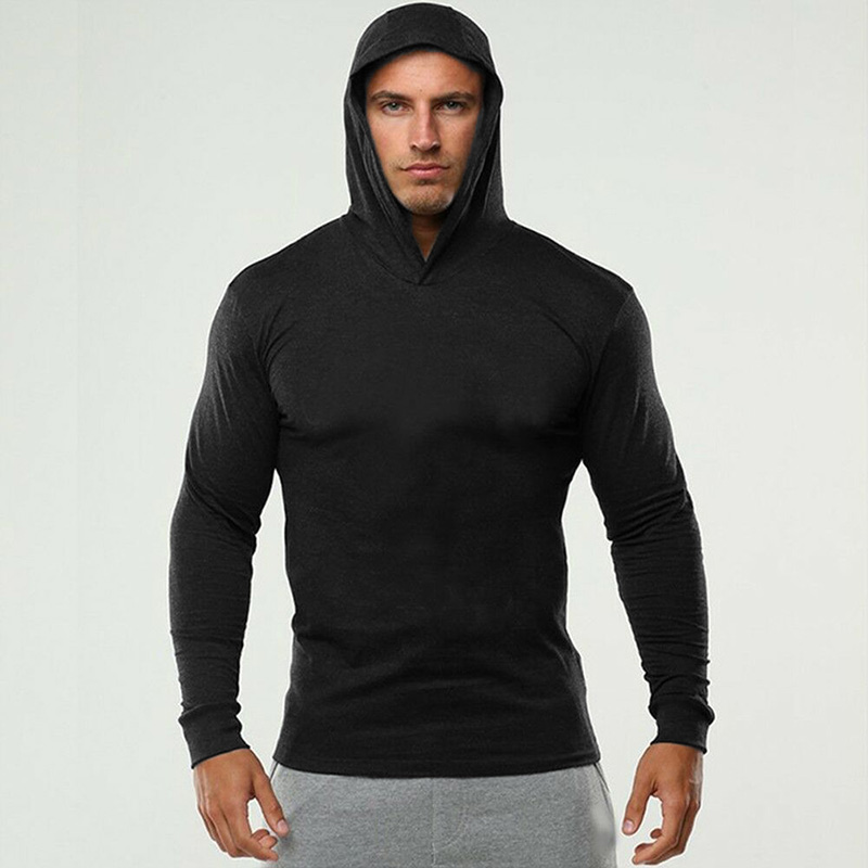 Ropa de gimnasio de Color sólido, camiseta ajustada de manga larga con capucha, Sudadera con capucha transpirable de algodón, ropa deportiva muscular para culturismo y Fitness para hombre