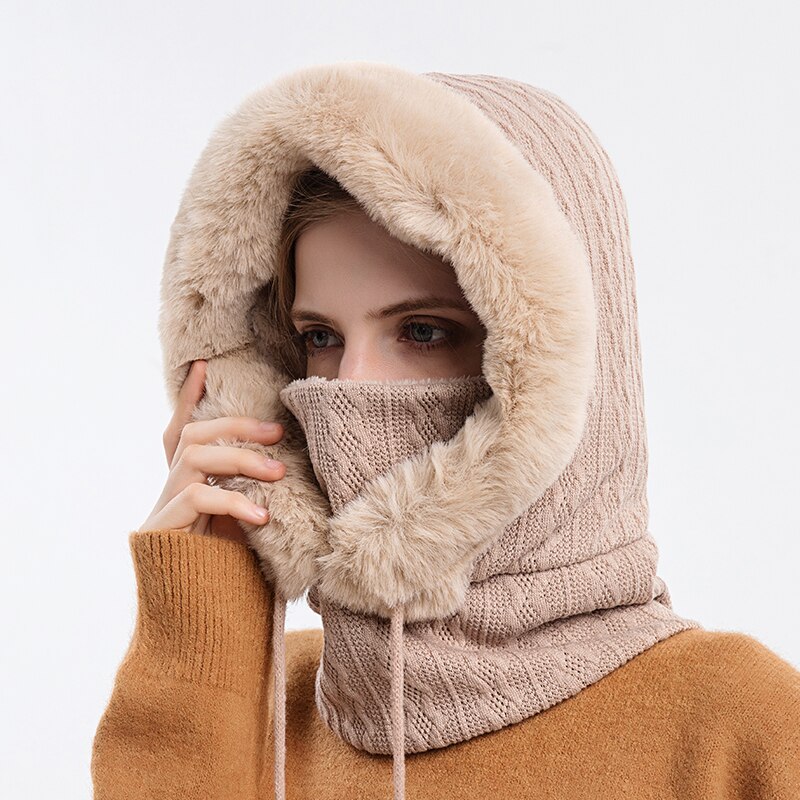 Talviturkis lippis maski setti hupullinen naisille neulottu kashmir kaula lämmin balaclava suksi tuulenpitävä hattu paksu pehmoinen pörröinen pipot huppu: Khaki