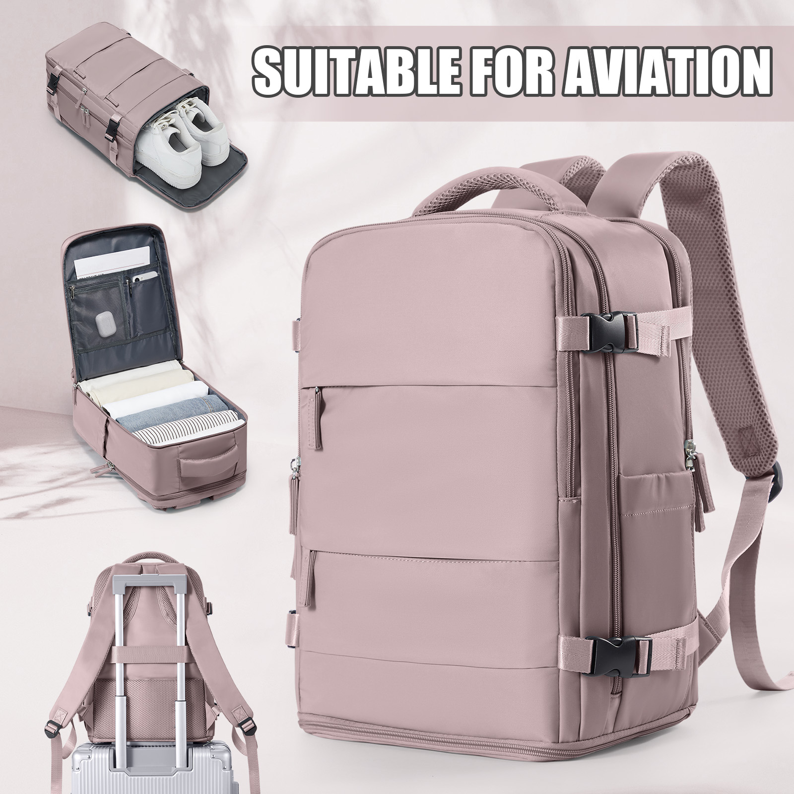 Mochila de viagem para mulheres e homens, mochila Ryanair 40x20x25 bagagem de avião de cabine EasyJet 45x36x20 mochila bolsa para laptop de negócios: 16 polegadas / Rosa