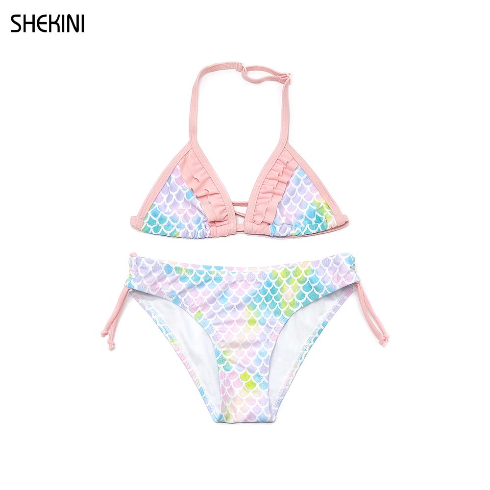 Shekini Meisjes Badpak Halter Driehoek Bikini Leuke Lace Print Tweedelige Kinderen Badmode Strand Badpakken Tiener Bikini