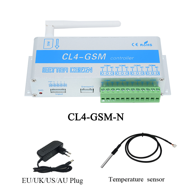 Télécommande GSM SMS 4 canaux, commutateur relais CL4-GSM, prise en charge de la température et de l&#39;humidité, alarme: N with T sensor