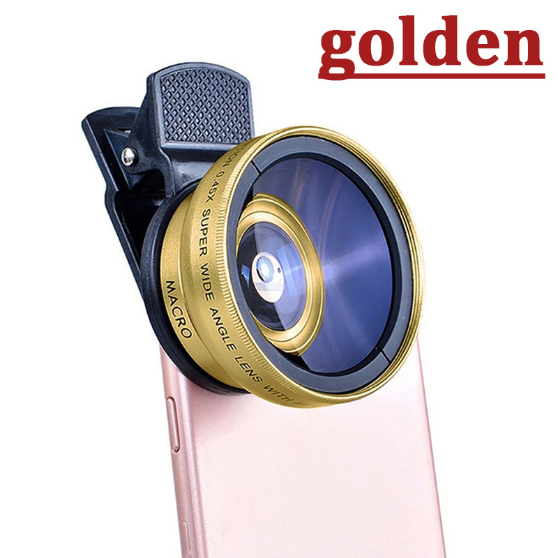 Lente 2 en 1 Clip Universal 37mm lente de teléfono móvil 0.45X 49uv súper gran angular + lente Macro HD para iPhone Android: Oro