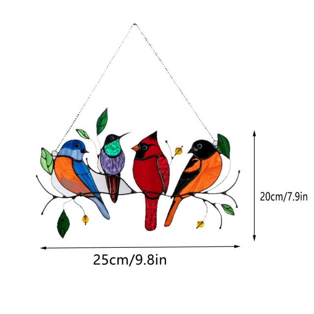 Stained Glass Birds-on-a-wire Window Panel Hanging Sun Catcher: 4 birds