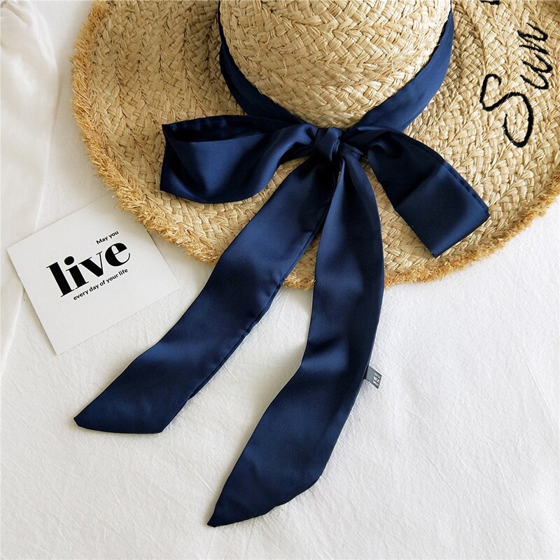 Solid Color Small Neckerchiefs Women Long Ribbon Hairband Satin Silk Scarf Lady Belt Tie Handbag Ribbons Hair Scarves: Navy Blue
