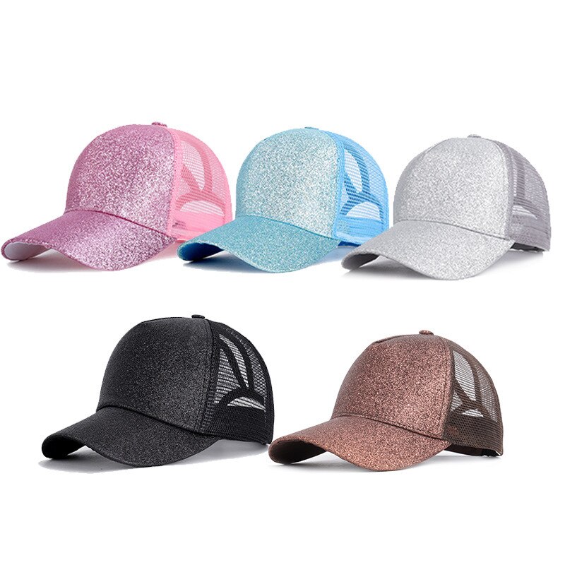 Bonés de beisebol de rabo de cavalo feminino malha chapéu de lantejoulas alta messy bun caminhoneiro pai chapéu de verão ponycap chapéu de sol para o verão sprng outono